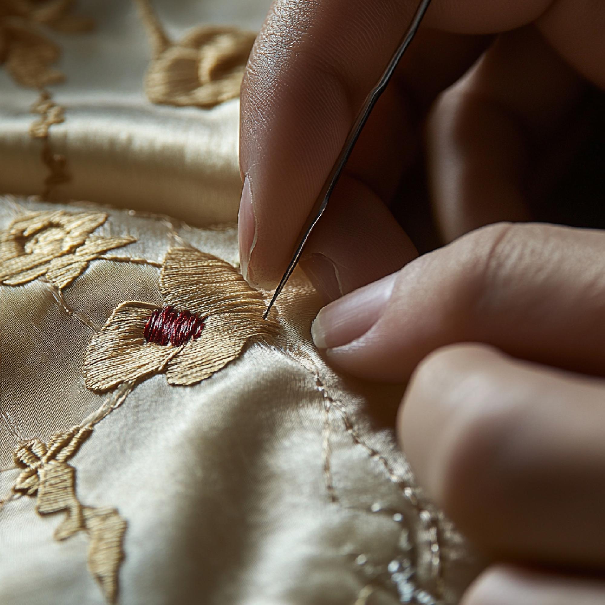 Artisan embroidery on silk fabric, close-up